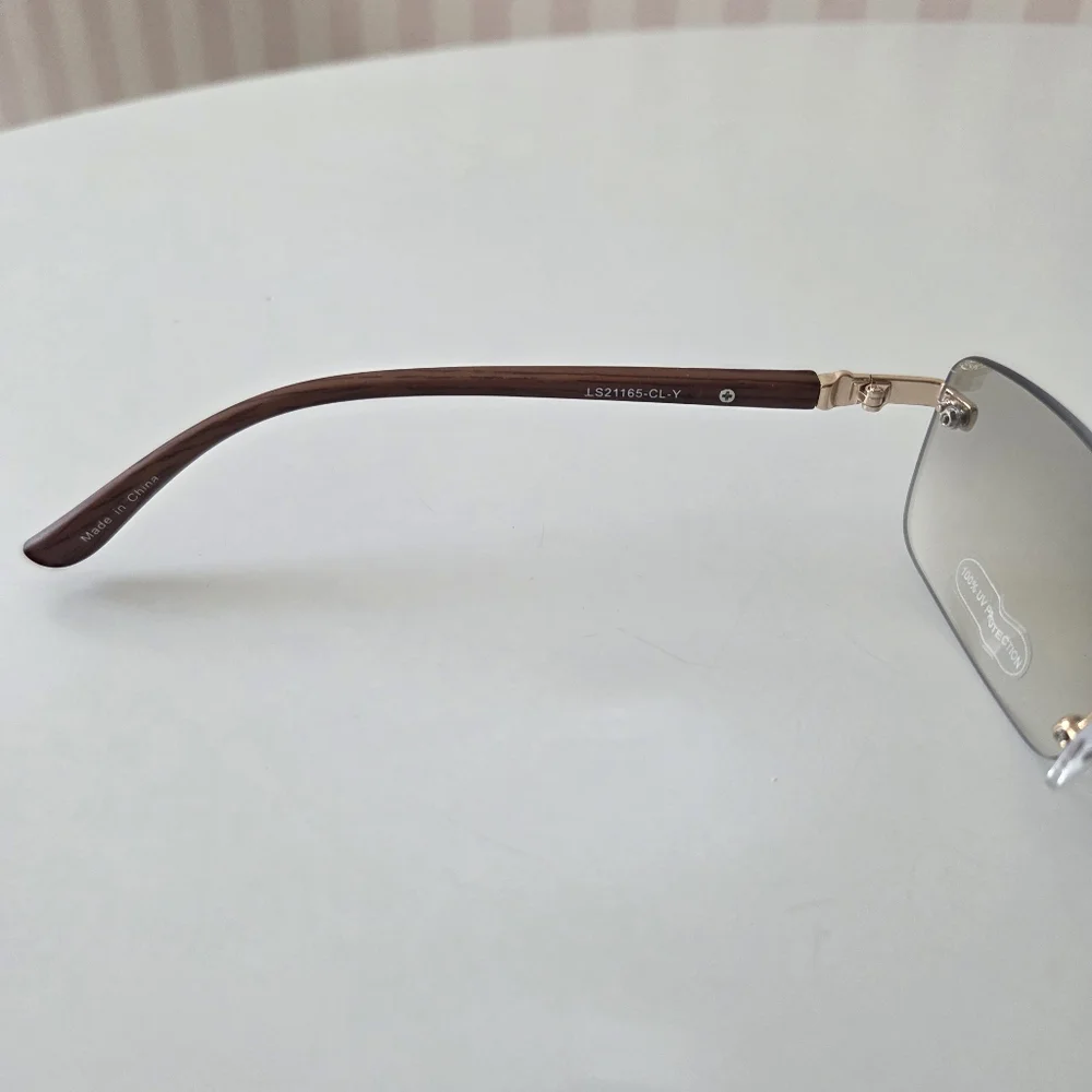 NWT Rimless Gray Lens Wayfare Wood Temple‎ Sunglasses Gold Accent UV 400 133mm